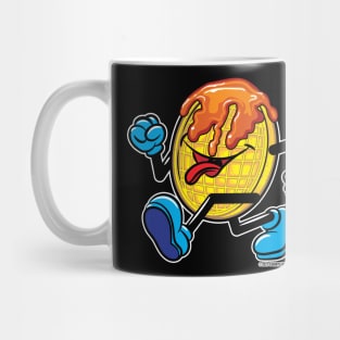 Happy Smiling Waffle Mascot strutting by Mug